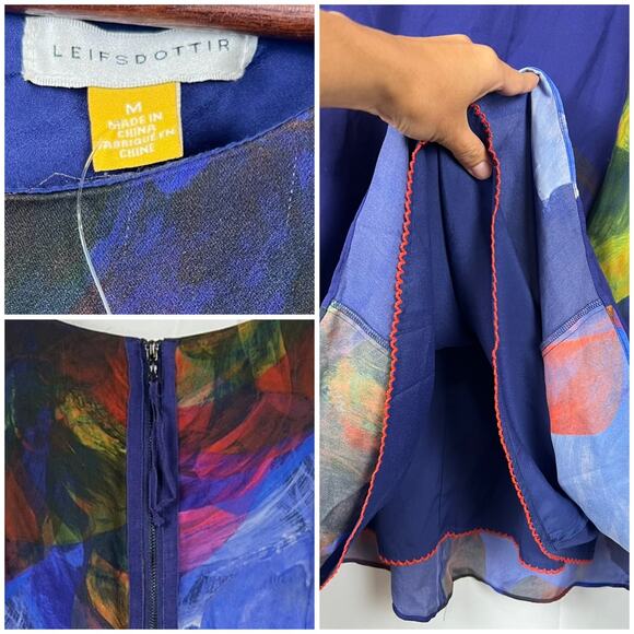 Anthropologie Leifsdottir Blue Silk Swing Dress Abstract Floral Back Zip M - Picture 5 of 10